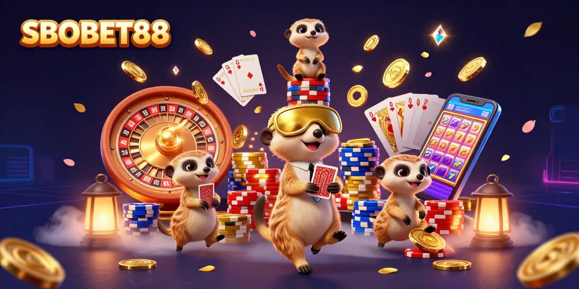 SBOBET88 menghadirkan pengalaman judi yang seru dengan koloninya meerkat di kasino, menampilkan chip, kartu, dan roulette.