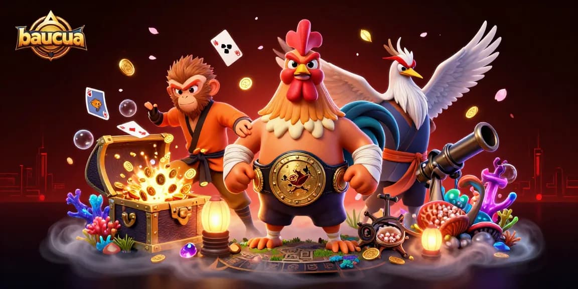 Engage in thrilling baucua game action with vibrant 3D characters and casino elements.