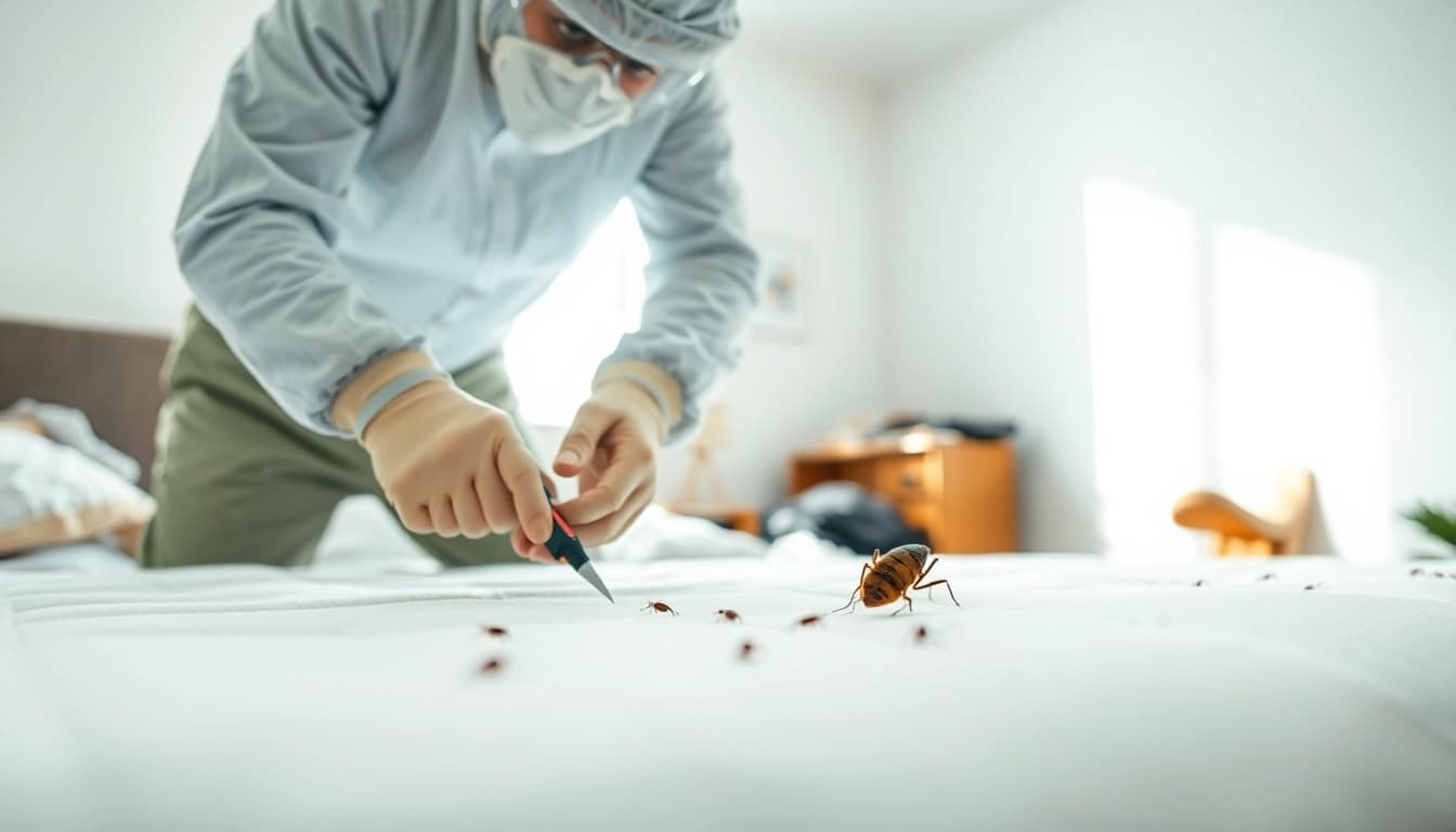 Effective bed bug removal process by a professional exterminator in a well-lit bedroom.