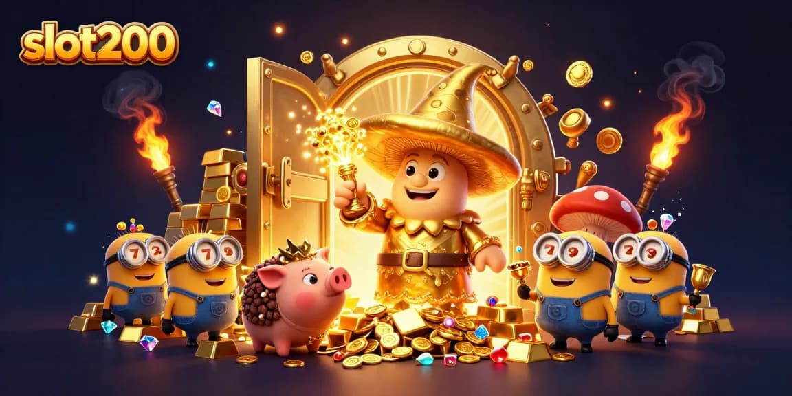 Experience epic wins with slot200 in this magical golden treasure scene filled with treasures and whimsical characters.