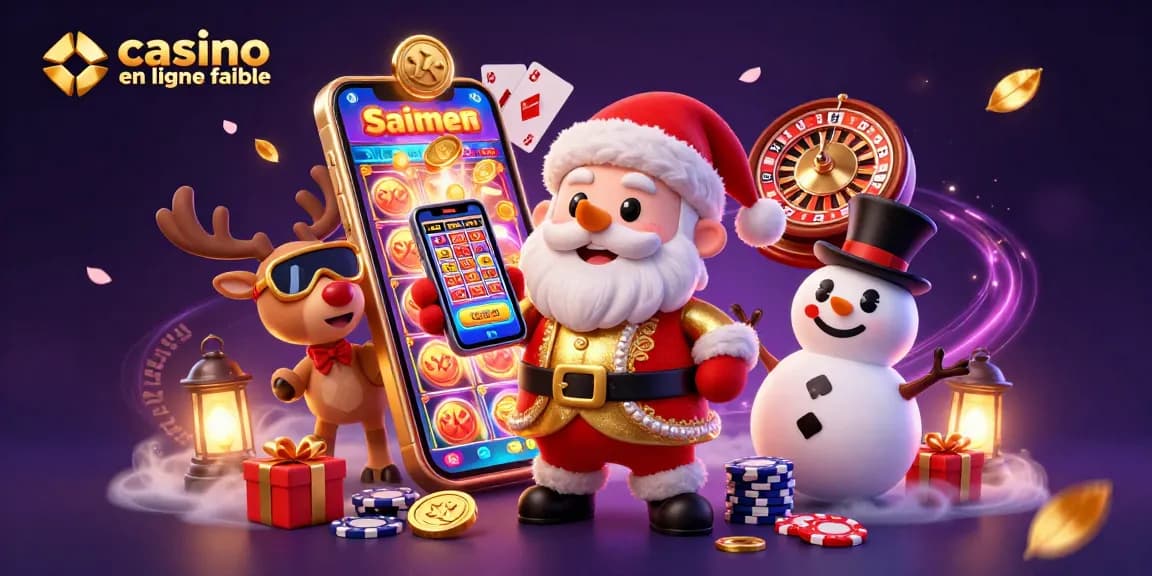 Une scène animée de casino en ligne fiable avec un père Noël 3D, des cartes à jouer et une ambiance festive.