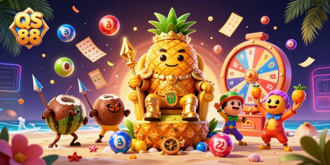 Experience the thrill of gambling with QS 88 in a vibrant casino scene filled with excitement and joyful elements.