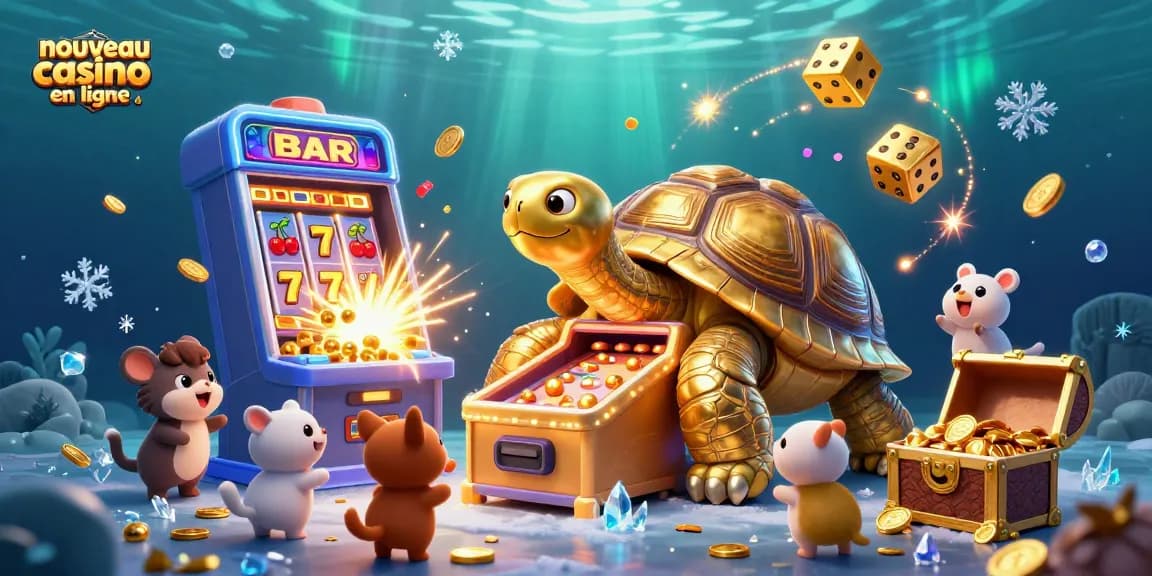 Jouez sur un nouveau casino en ligne avec une tortue en or et des machines à sous en pleine action.
