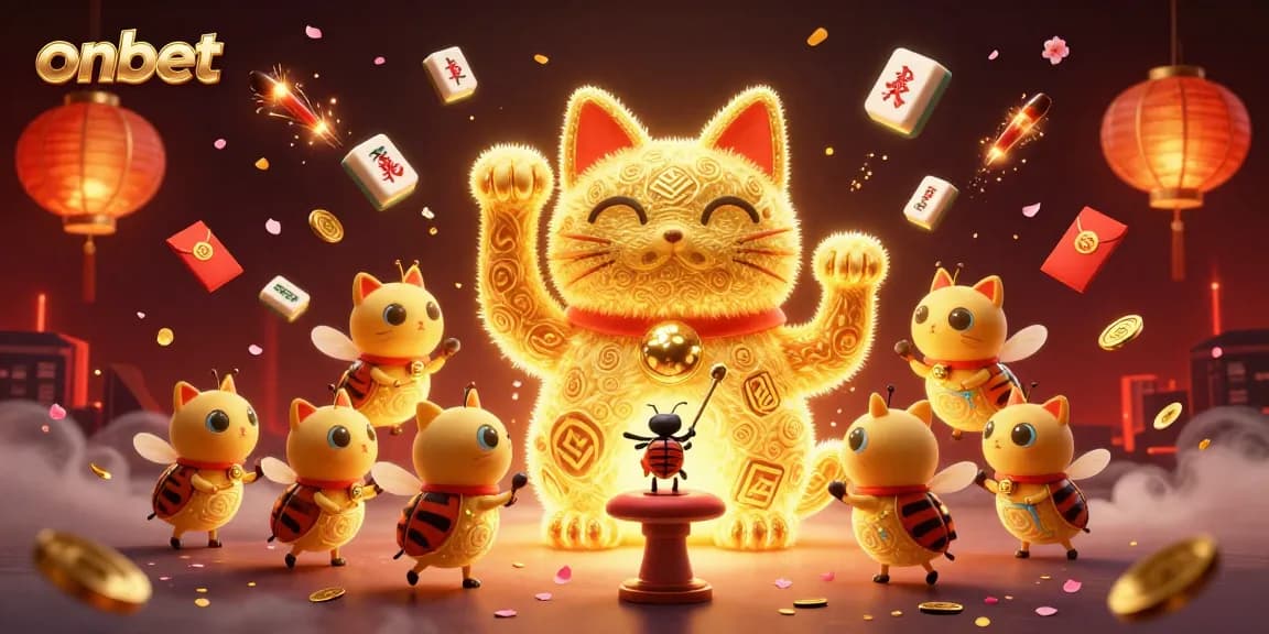 Play exciting games at onbet, featuring a 3D lucky cat and casino symbols in dynamic action.