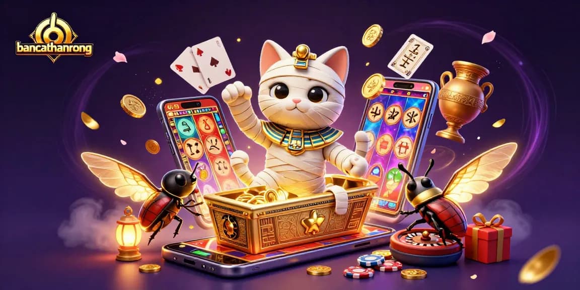 bancathanrong showcases a vibrant 3D illustration with a mummy cat and a scarab beetle amidst casino elements.