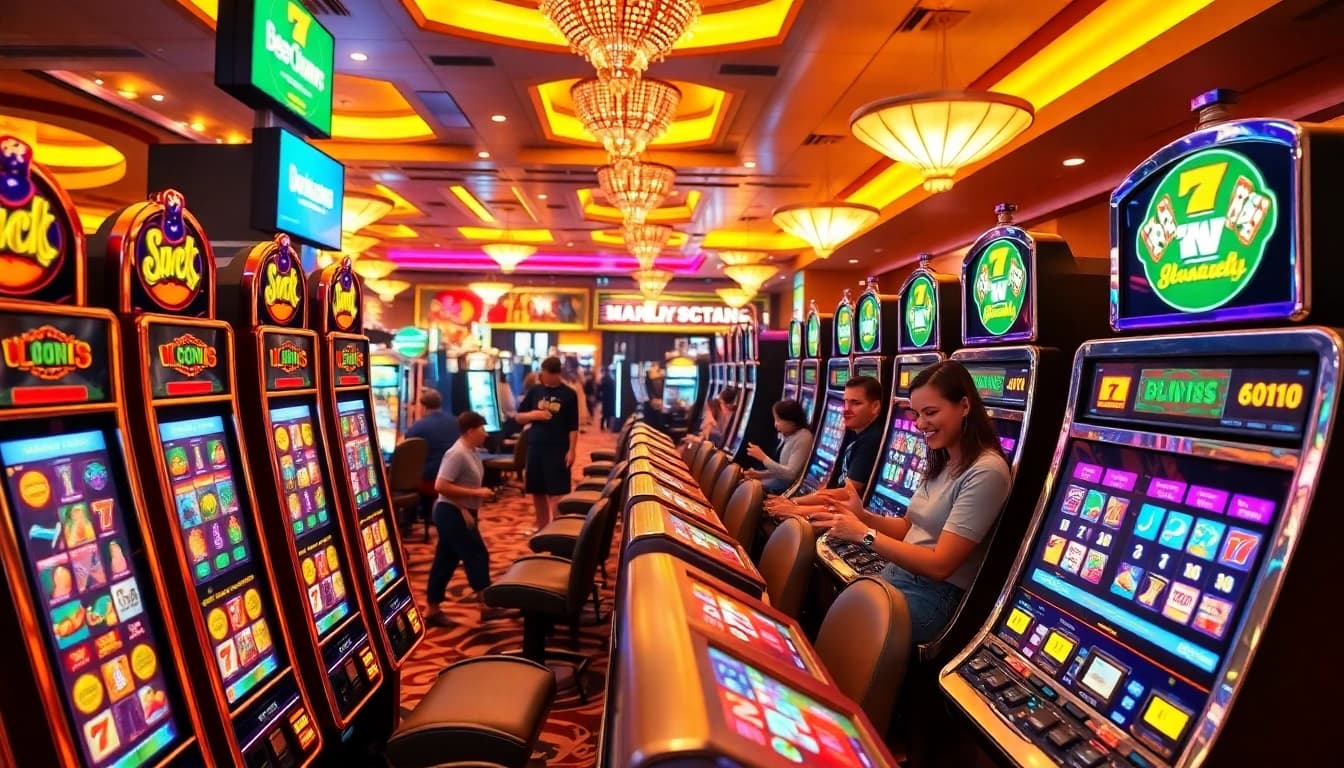 Engaging slot gambling scene showcasing players at colorful slot machines in a lively casino.