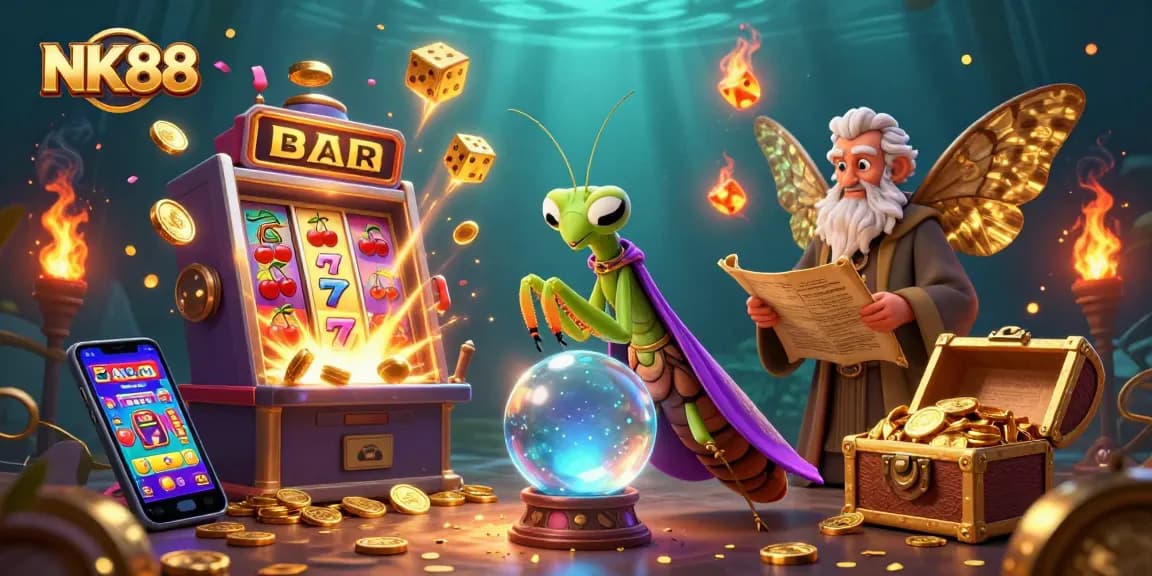 Spin the reels with NK88; vibrant 3D scene showcasing a cartoon fortune teller, jackpot slots, and game elements.