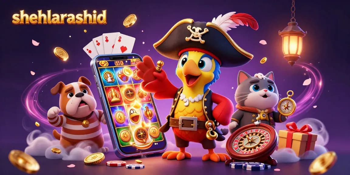 Experience vibrant gaming fun with shehlarashid, featuring a colorful slot game and animated characters.