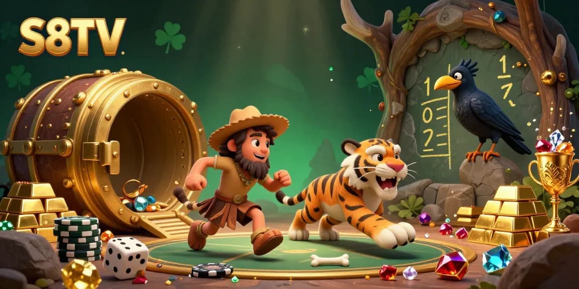 S8TV showcases a vibrant 3D cartoon scene of a caveman and sabertooth duo at their casino, amidst sparkling treasures.