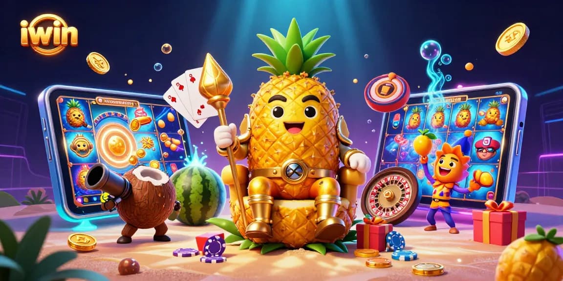 Engage with iwin's vibrant casino world through an illustration featuring a golden pineapple king surrounded by slot games and coins.