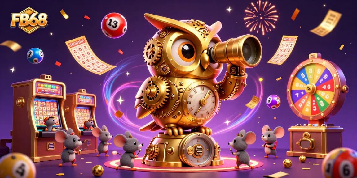 Experience the excitement at FB68 with a vibrant casino scene featuring a golden owl and lively lottery elements.