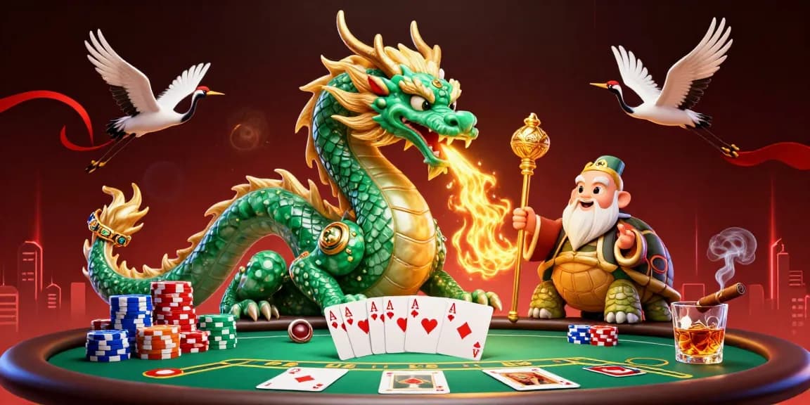 Dhani win, enjoy exciting poker gaming with a jade dragon and dynamic energy in an illustrated 3D scene.