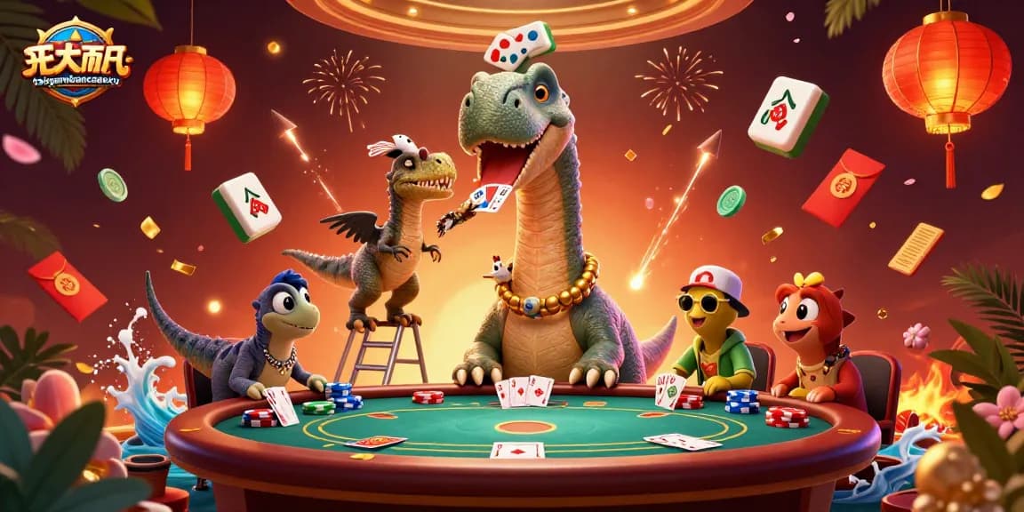 taigamebancaanxu showcases a lively casino scene with a dinosaur and raptor interacting at a poker table