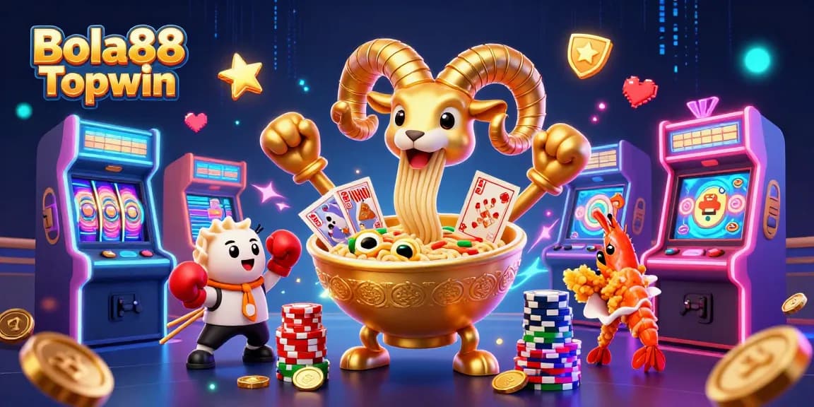 Bola88 Topwin showcases a vibrant scene of colorful characters engaging in lively gambling activities.