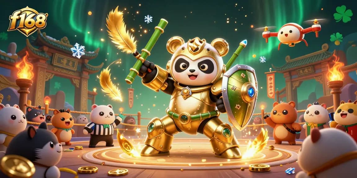 Engage in thrilling gameplay at f168 with a mech-suit panda battling in a vibrant casino arena.