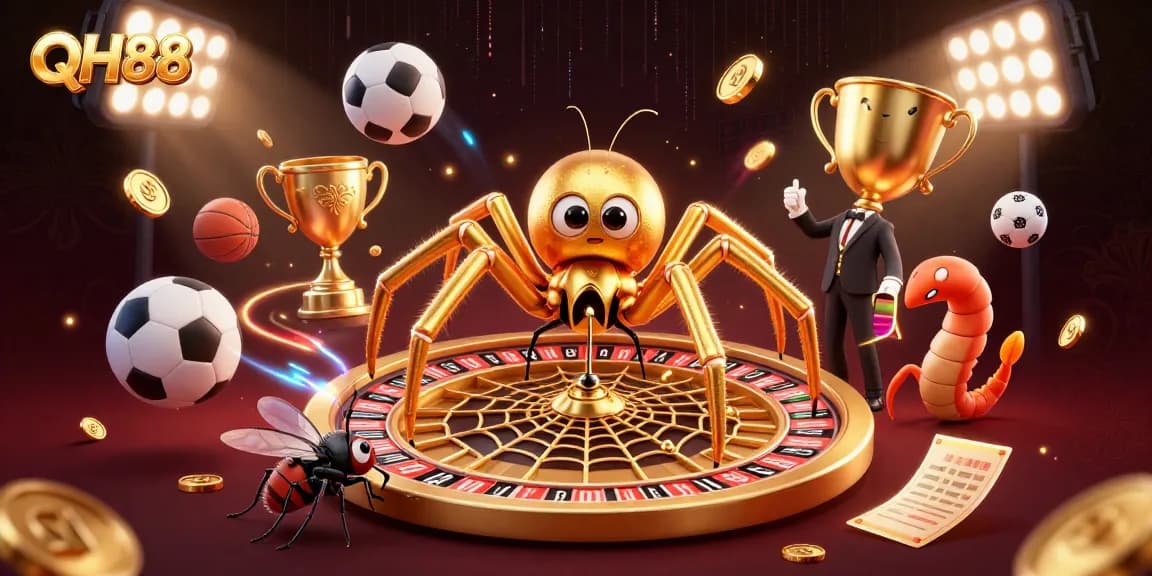 Experience thrilling bets at QH88 with a golden spider and dynamic sports elements.