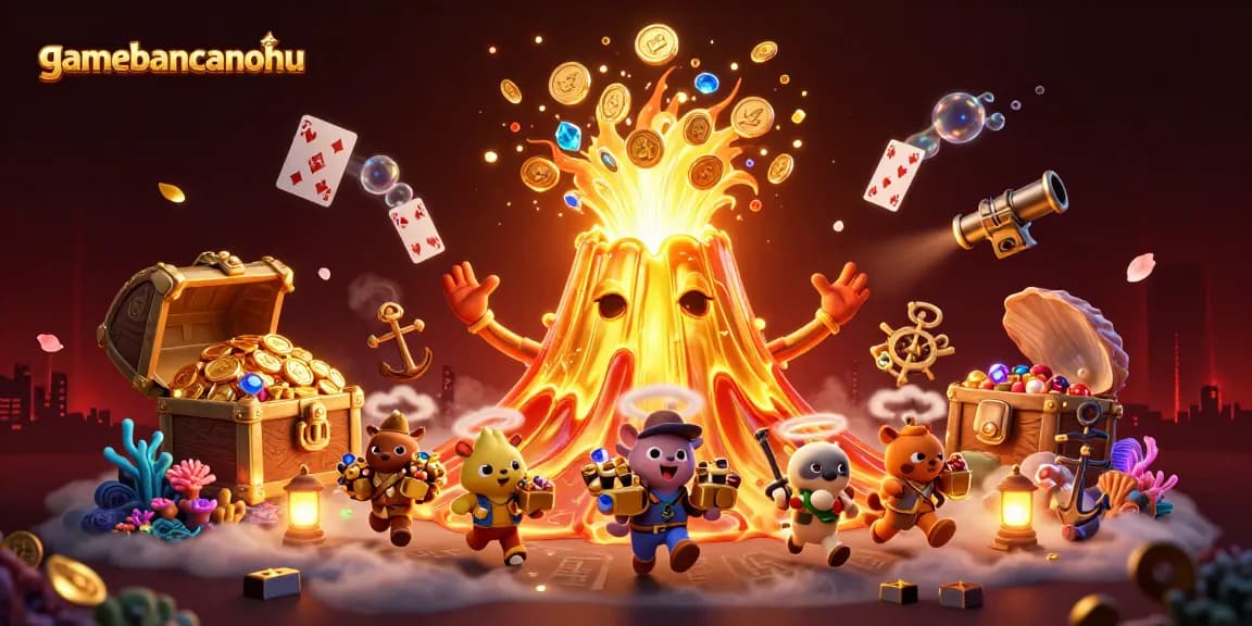Experience gamebancanohu with vibrant gold eruptions, treasure, and animated excitement in a 3D illustration.