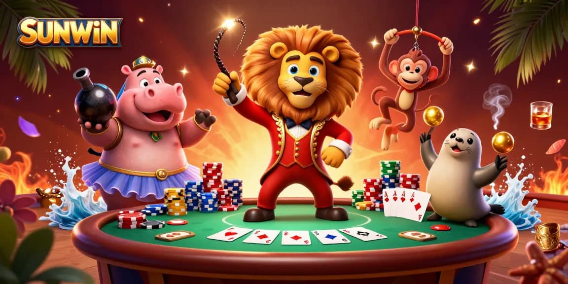 SUNWIN showcases exciting casino action with lively characters amid colorful poker elements.