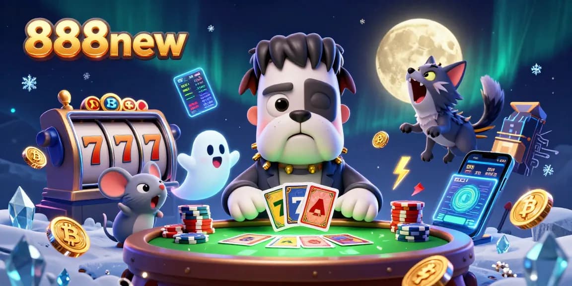Engage with 888new's vibrant casino scene featuring a unique character ensemble in an exciting setting.