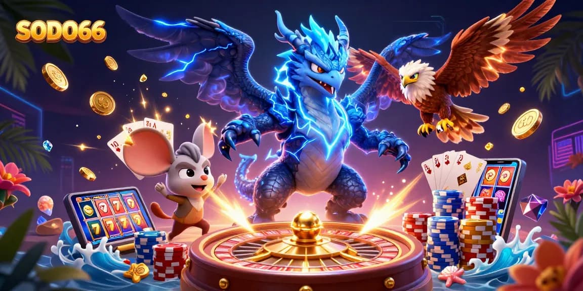 SODO66 offers an exhilarating gaming experience featuring a thunder dragon, vibrant poker chips, and dynamic casino action.