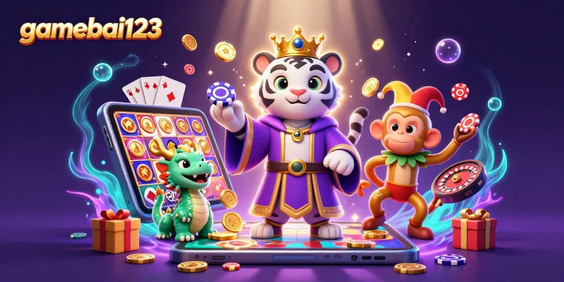 Engage in gamebai123 with an illustration of a white tiger, monkey, and dragon in a vibrant casino scene.