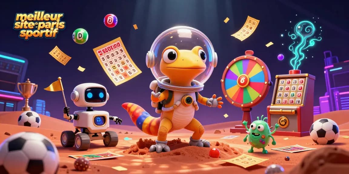 Illustration d'un gecko martien en combinaison spatiale à la recherche du meilleur site de paris sportif, entouré de ballons de loterie colorés.