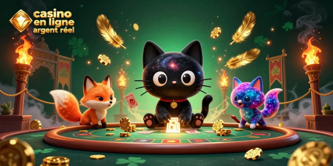 Plongez dans l'univers du casino en ligne argent réel avec un chat noir de trou noir et un renard nébuleux.
