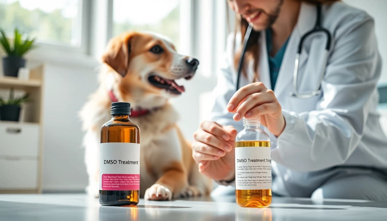 DMSO for dogs treatment application showing a veterinarian caring for a dog's joint.