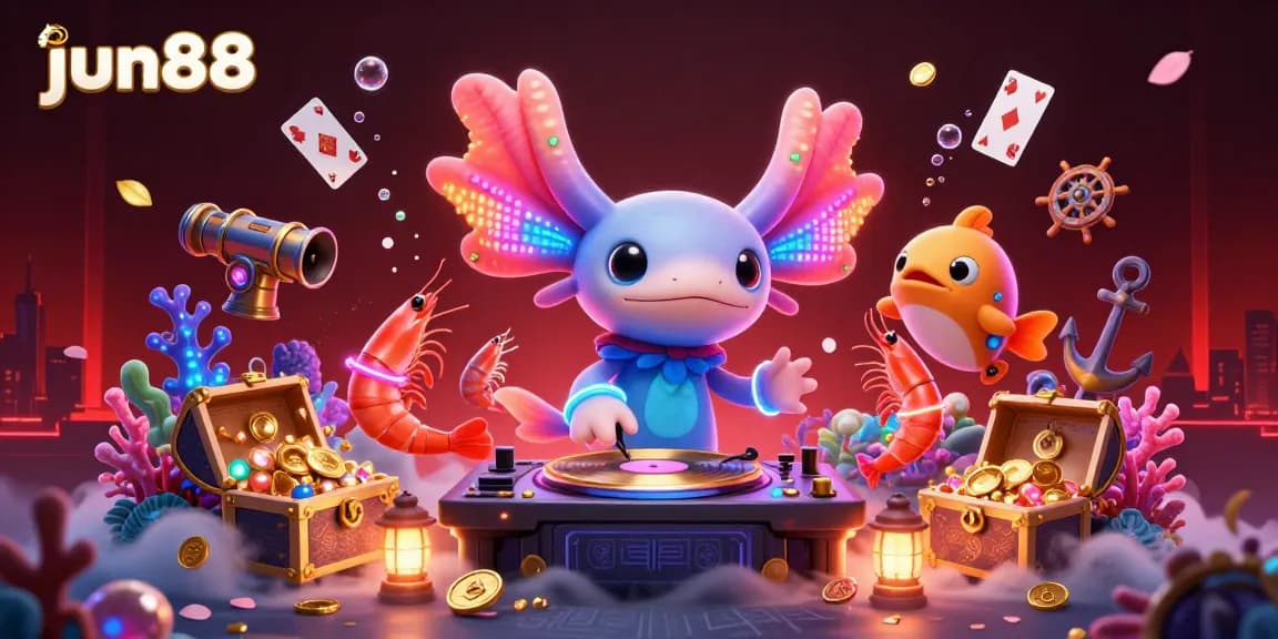 Experience the thrill of jun88 with a neon axolotl DJ and vibrant underwater casino elements.