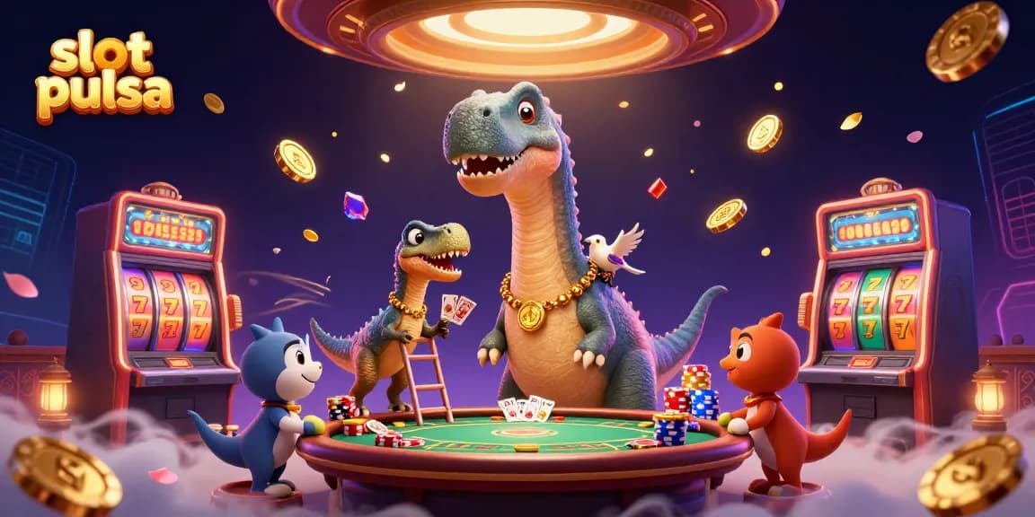 Permainan slot pulsa seru dengan replika brontosaurus dan raptor di kasino online.