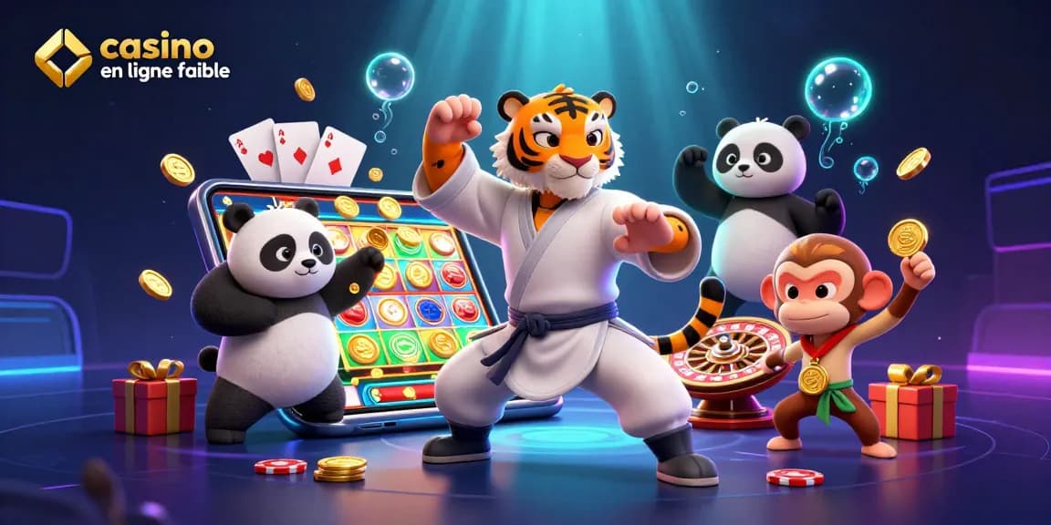 Illustration d'un tigre kung-fu, panda et singe, représentant un casino en ligne fiable, entourés de jeux animés.