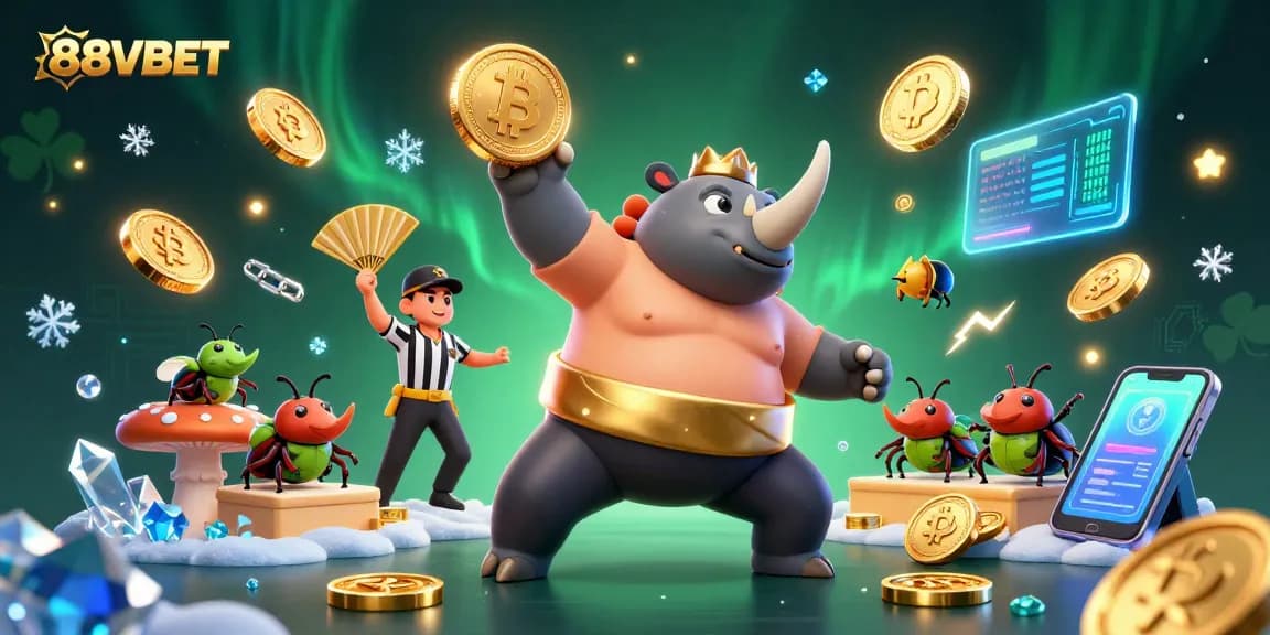 Join the excitement at 88VBET with a dynamic scene featuring a sumo beetle champion and glowing crypto elements.