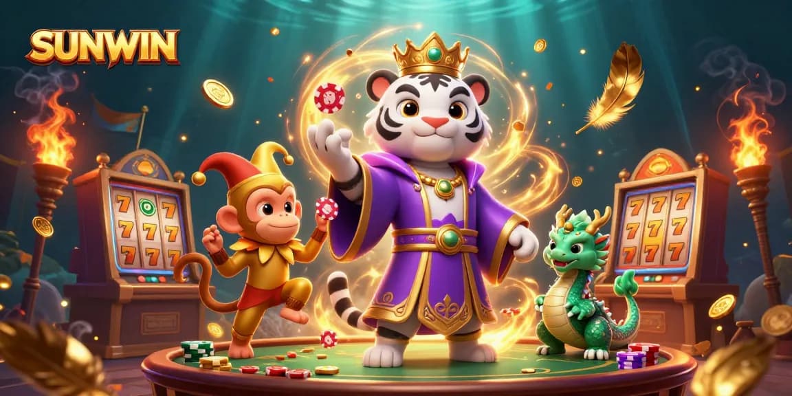 SUNWIN celebrates the thrill of gambling with a tiger, monkey, and dragon in an exciting casino scene.