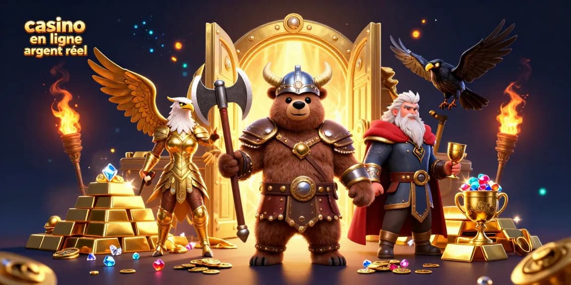 Jouer dans un casino en ligne argent réel avec un ours Viking et une aigle Valkyrie entourés de trésors.