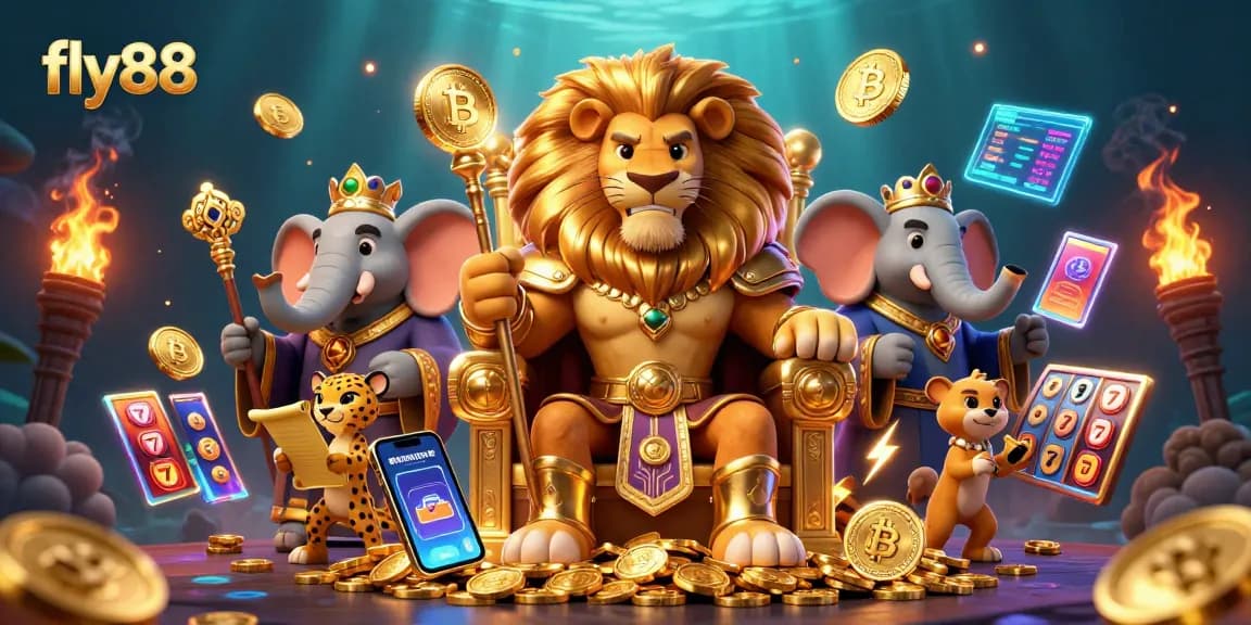 Experience the thrill of fly88 with a majestic casino scene featuring a fierce lion king and rich gaming elements.