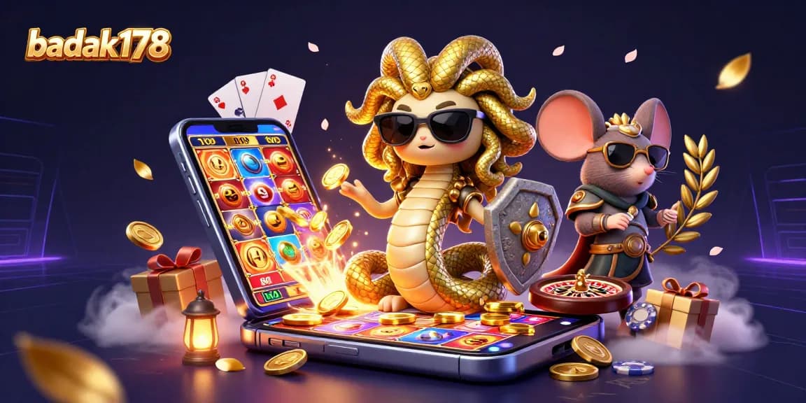 Engage with badak178 in a vibrant casino world featuring Medusa and a warrior mouse!