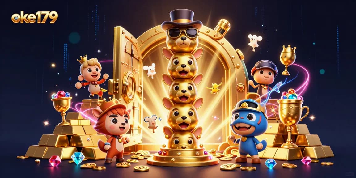 Experience the thrill at oke179 with a vibrant 3D illustration showcasing exciting casino elements and treasures.