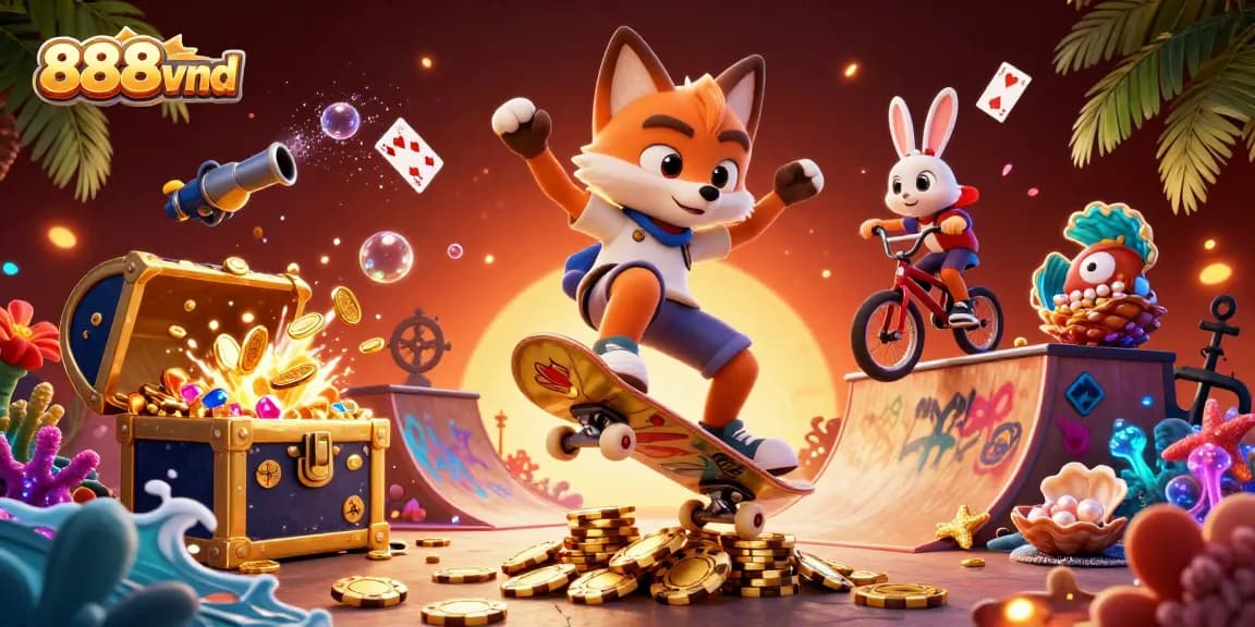 Experience the excitement of 888vnd's vibrant gaming world with dynamic characters and casino elements.