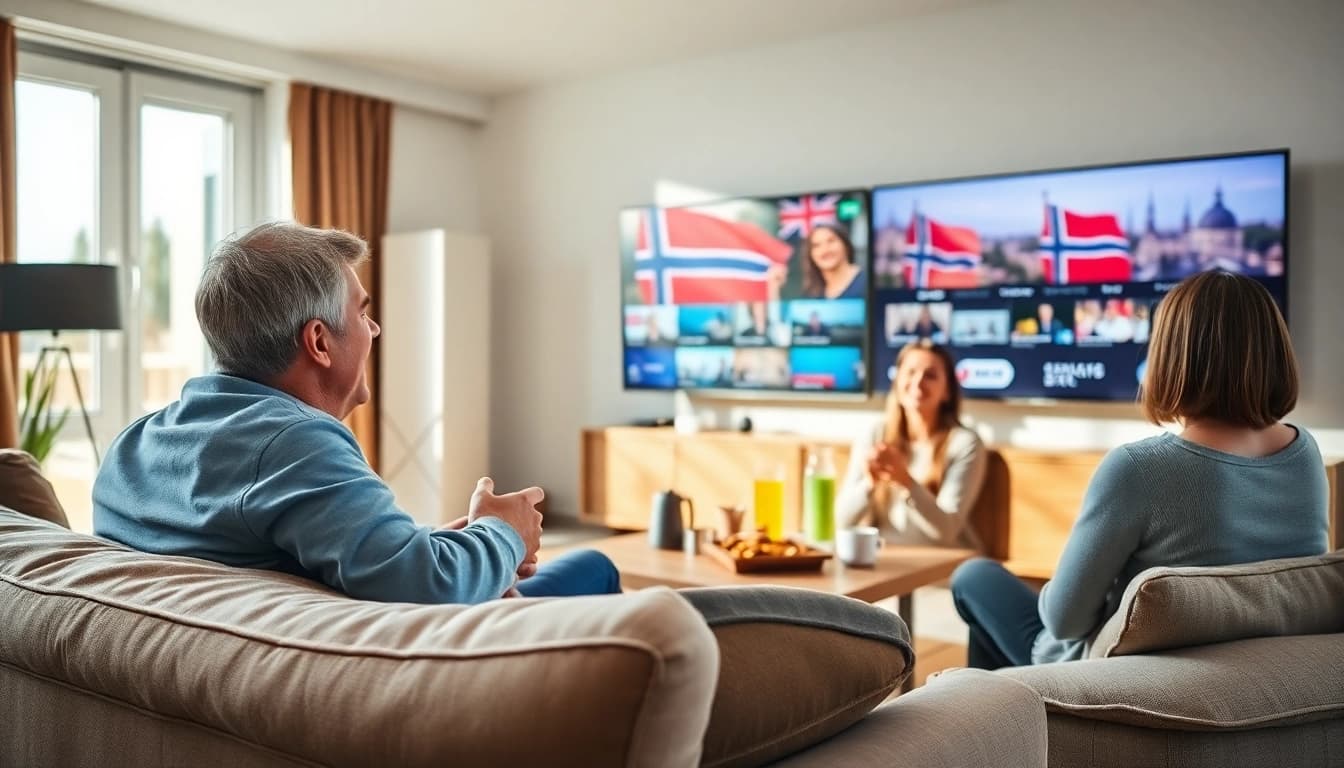 Family watching IPTV Denmark in a cozy living room, surrounded by snacks and a vibrant atmosphere.