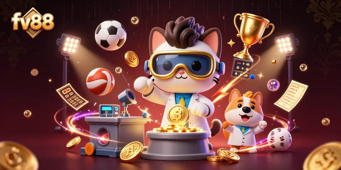 fv88 promotes winning experiences with an energetic scene of a mad scientist cat creating gold coins amidst dynamic sports elements.