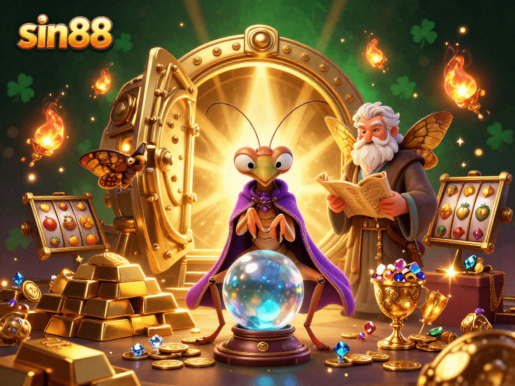 Experience thrilling gaming at sin88, featuring an enchanting scene with wisely depicted fortune tellers and treasures.