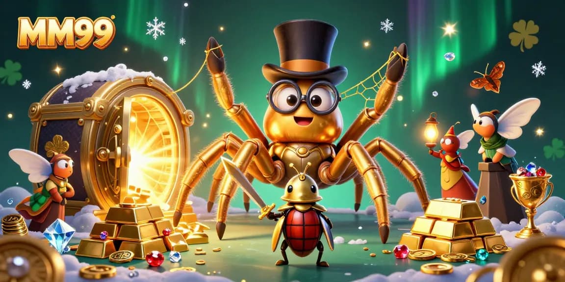 Engage in thrilling gameplay with MM99, featuring a whimsical scene of a tarantula and beetle knight amidst riches.