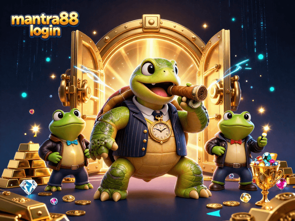 Engage in excitement with mantra88 login surrounded by treasures and characters in this vibrant, dramatic casino-themed illustration.