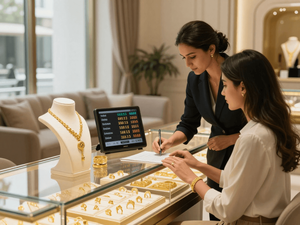 Professional consultation at a jewelry store for mantra88 gold purchases.