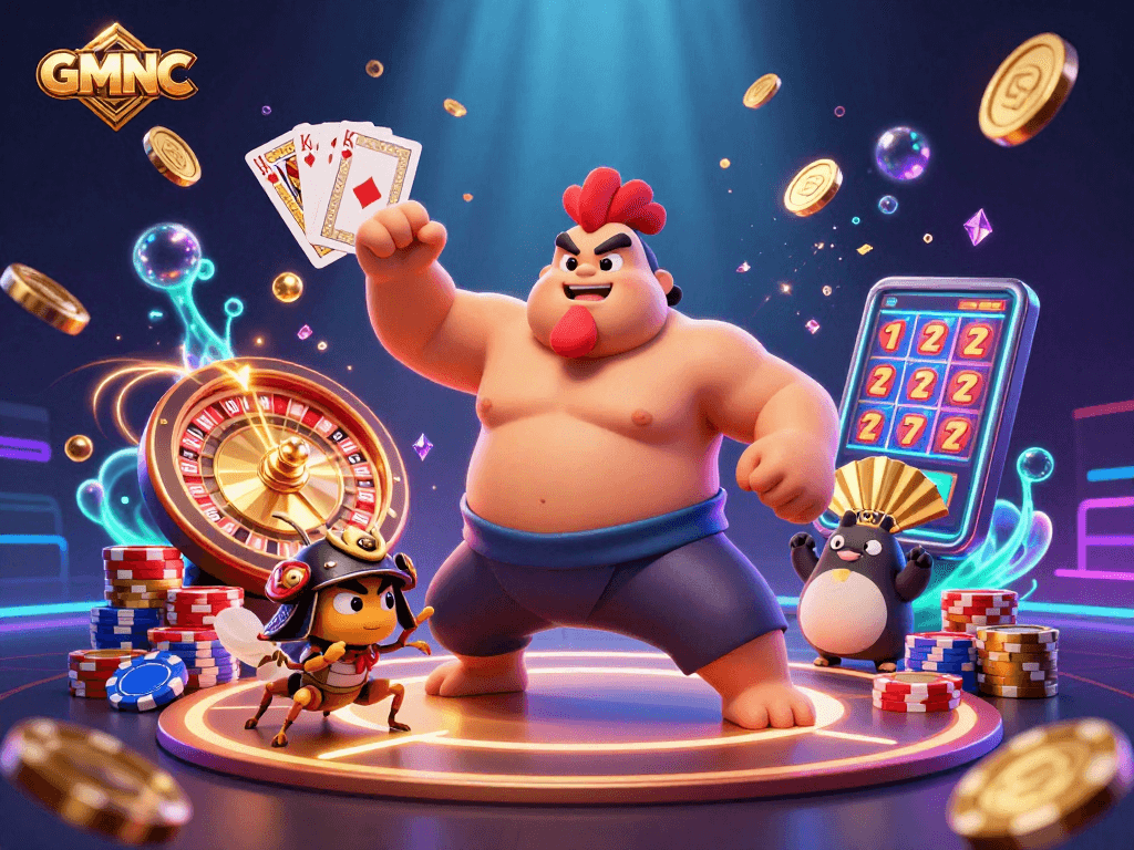 Experience the thrill of GMNC with a dynamic casino illustration showcasing vibrant gaming elements.