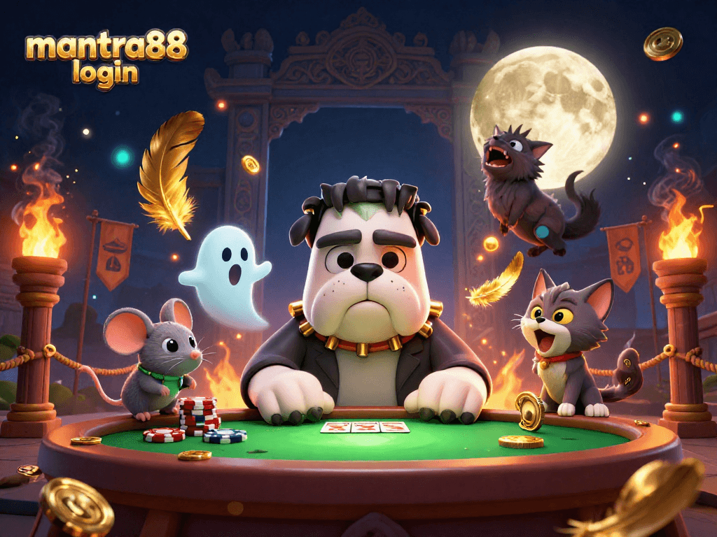 Engage with mantra88 login at an exhilarating card game featuring a Frankenstein bulldog and playful spirits.