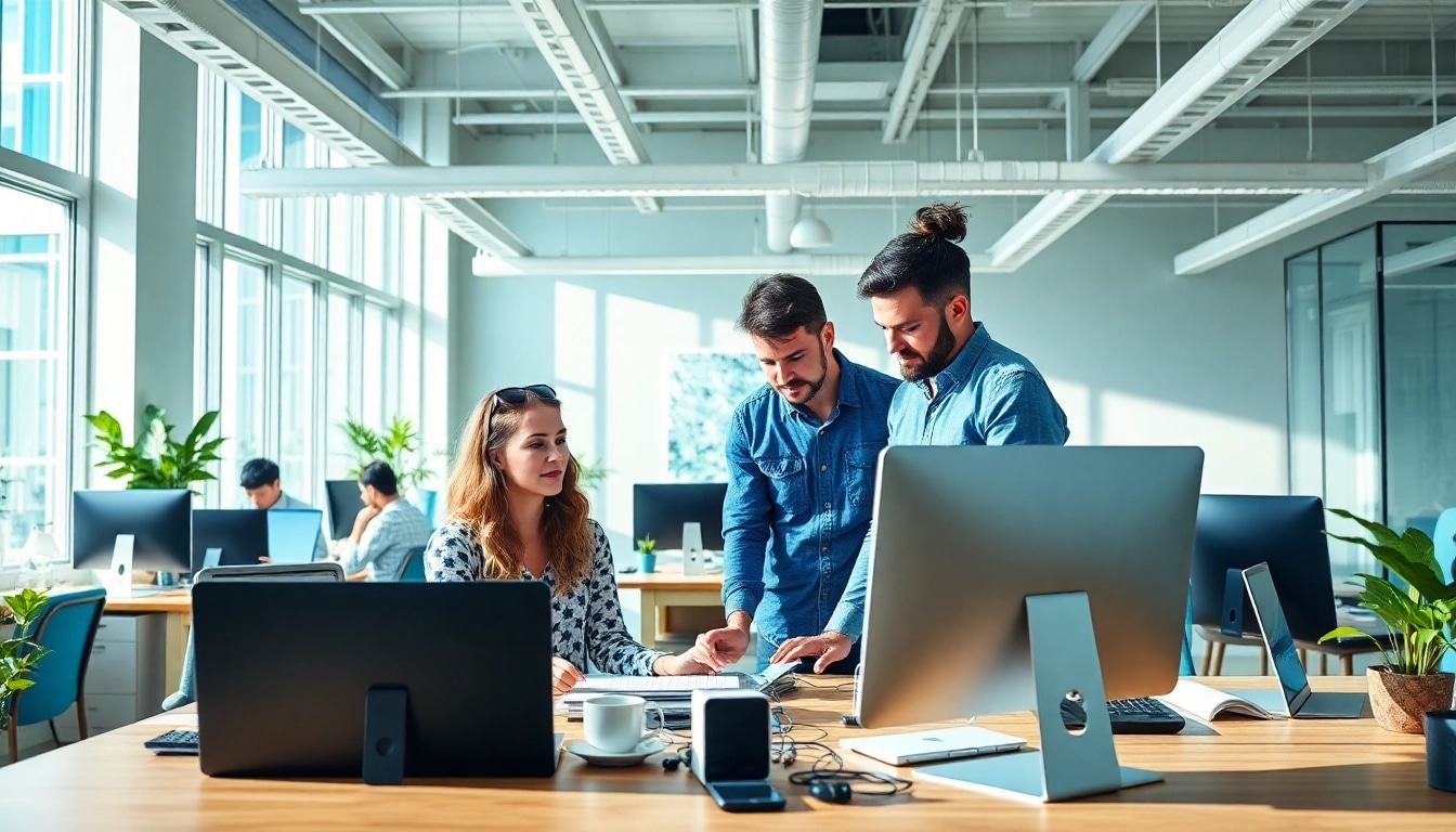 Creative collaboration at a website design agency Melbourne, featuring a diverse team in a modern workspace.
