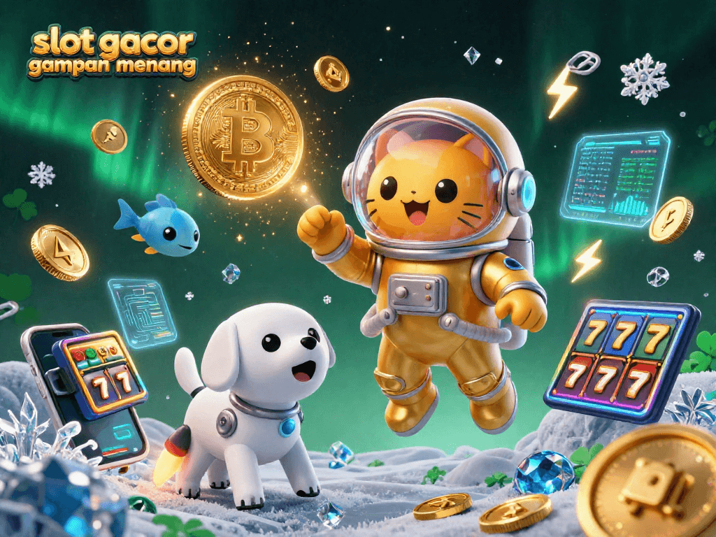 Experience excitement with slot gacor gampang menang among cuddly astronaut cat and rocket dog in a vibrant cosmic casino.