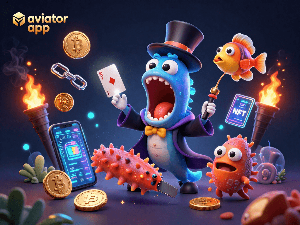 Experience the thrilling aviator app gameplay with animated deep-sea characters and crypto elements.