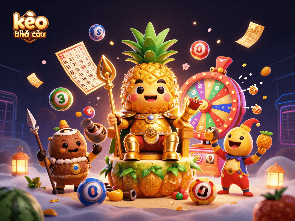 Engage with kèo nhà cái in a vibrant casino scene featuring a pineapple king and gaming elements.